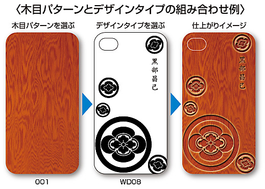 家紋入りiPhoneケース(WOOD)木目パターンとデザインの組み合わせ例